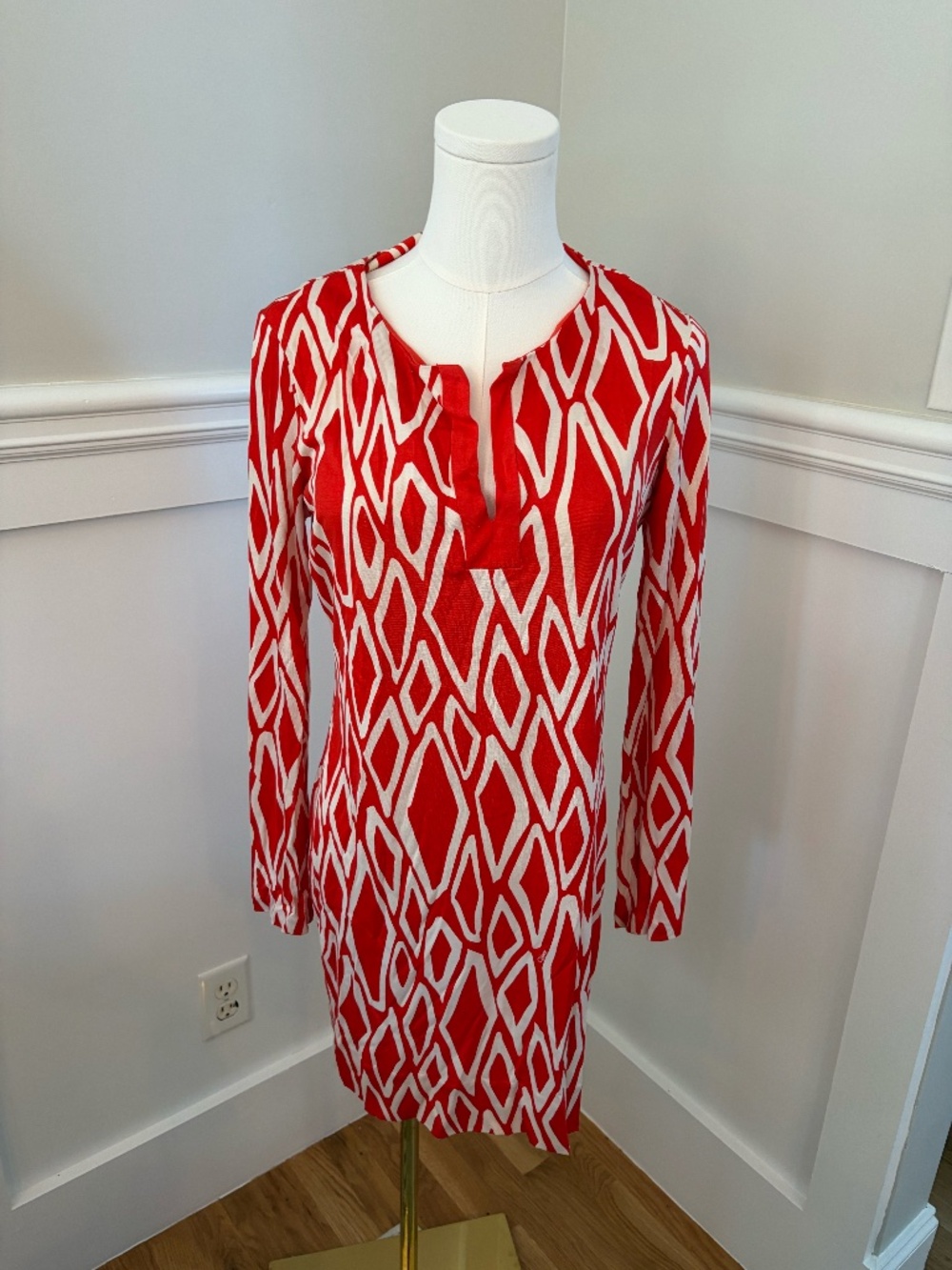 Diane von Furstenberg DVF Red Geometric Print Long Sleeve Shift Dress Size 8